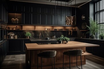 Expensive modern kitchen with dark black & brown design, wood trim & LED lights. Generative AI