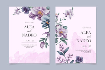 Blooming watercolor orchid flower wedding invitation card set