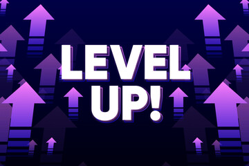 Level up with arrows isolated on dark background. Digital design concept for game. Celebrating an advancement or level. Vector illustration. © StarGraphic