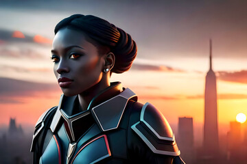 strong black woman as super hero, fight for equality and women's rights, overlooking a city skyline at sunset, female empowerment, feminism, futuristic, sci-fi soldier