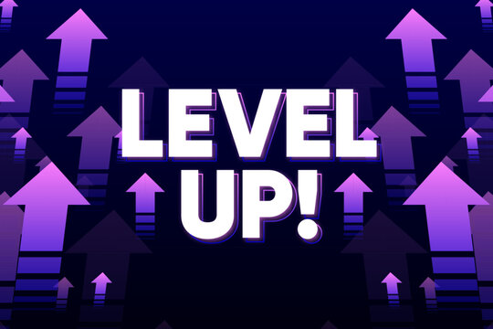 Level up with arrows isolated on dark background. Digital design concept for game. Celebrating an advancement or level. Vector illustration.