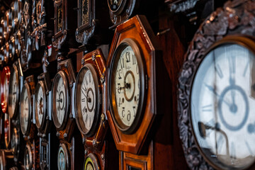 There are many old wall clocks
