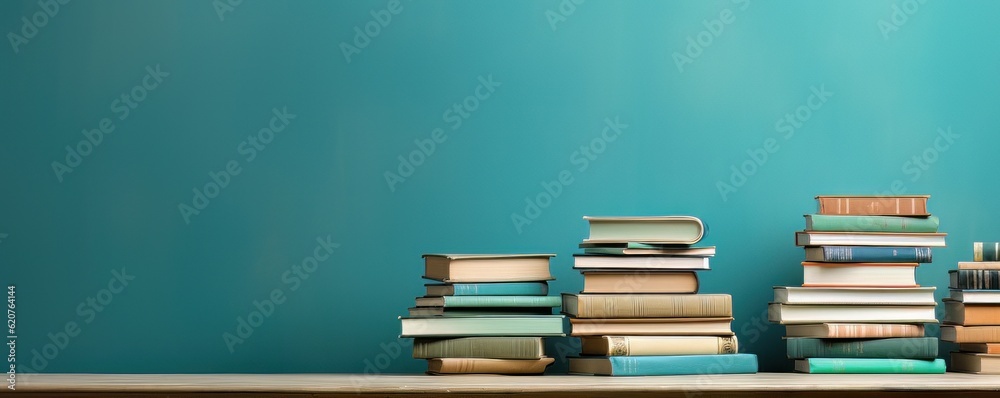 Wall mural a stack of books on a table next to a blue wall, in the style of retro vintage - Wall murals