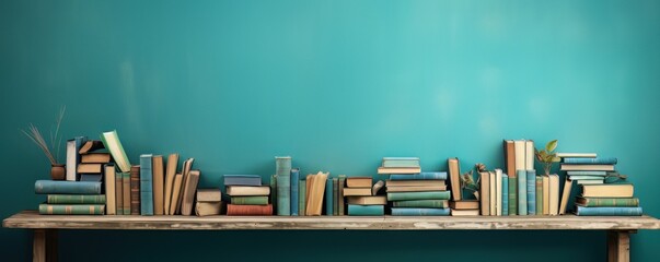 a stack of books on a table next to a blue wall, in the style of retro vintage