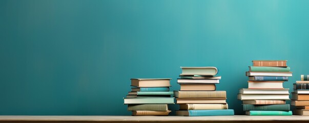 a stack of books on a table next to a blue wall, in the style of retro vintage - obrazy, fototapety, plakaty