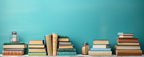 a stack of books on a table next to a blue wall, in the style of retro vintage