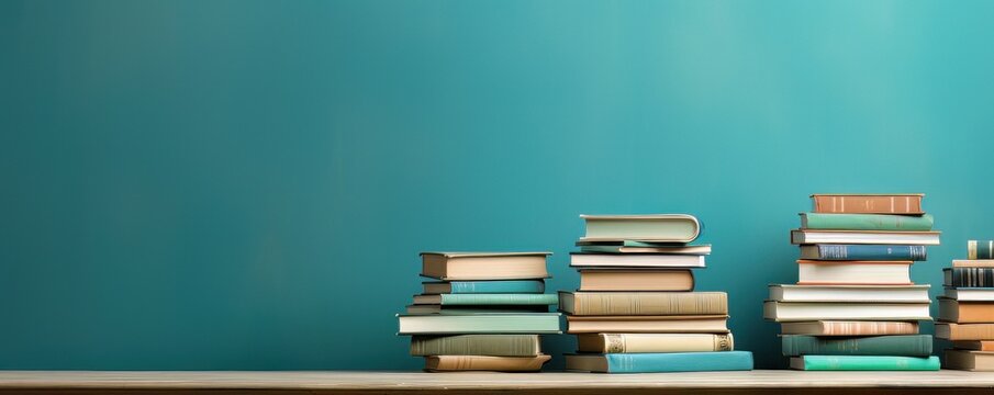 a stack of books on a table next to a blue wall, in the style of retro vintage