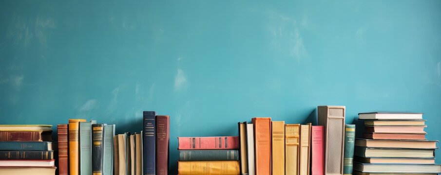 a stack of books on a table next to a blue wall, in the style of retro vintage