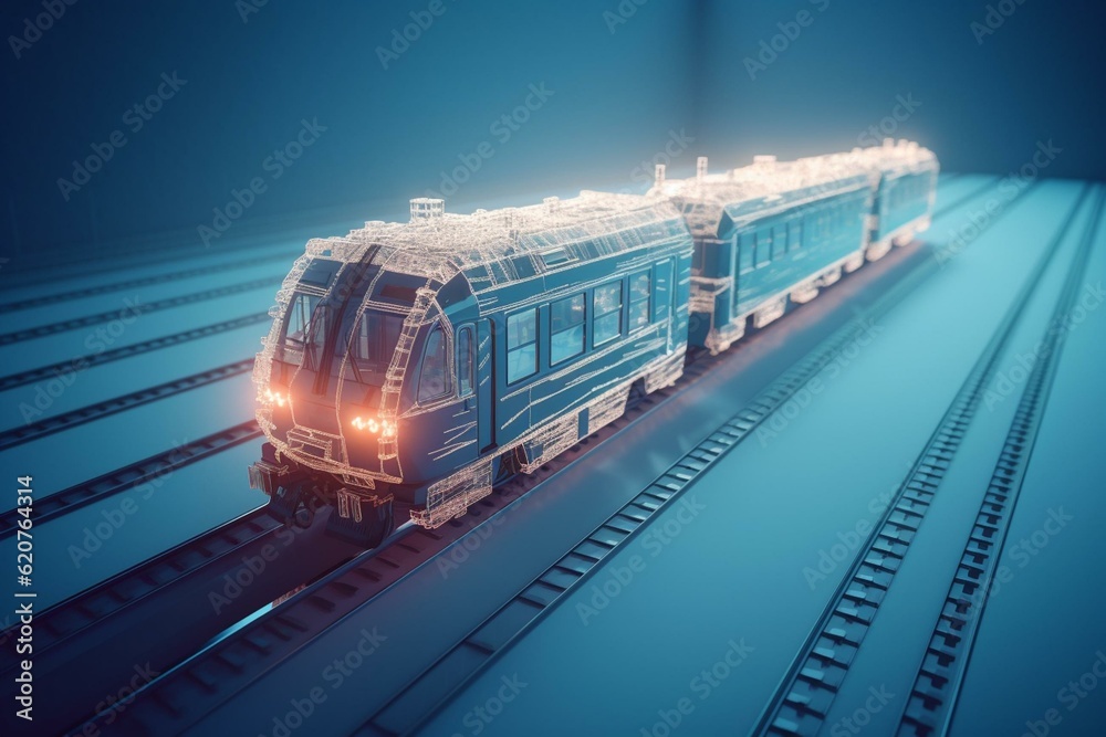 Wall mural a train on a two-way railway track. low-poly lines and points. blue background. generative ai