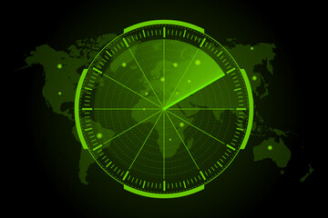 Vector green radar with targets in action. HUD radar display. Military Search System. Monitors with grid map and green neon objects. Vector illustration.