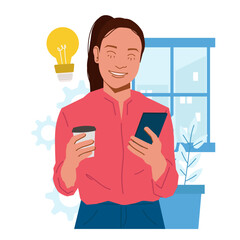 woman drinking coffee have idea in office in flat illustration