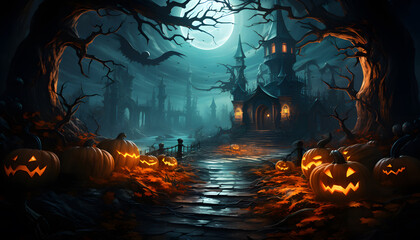 Haunted house, pumpkin patch at night by full moon light