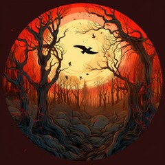 Halloween background with spooky trees and birds