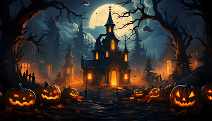 Fototapeta na wymiar A house shrouded in ghostly tales, a moonlit pumpkin patch evoking an air of mystery.