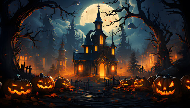 A house shrouded in ghostly tales, a moonlit pumpkin patch evoking an air of mystery.