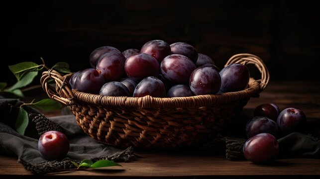 Plum Fruits in a bamboo basket with blur background