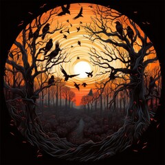 Halloween background with spooky trees and birds
