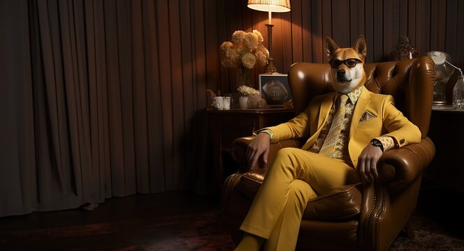 king of dogecoin, a man in a yellow suit sitting in a chair, generative AI
