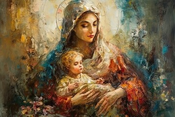 Photo illustration of the Orthodox Mother of God Virgin Mary with the baby biblical picture AI © Vitalii But