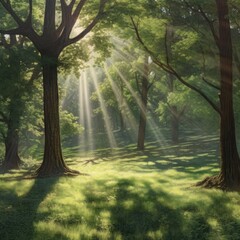 Beautiful forest landscape with sunbeams in the morning light