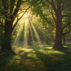 Fototapeta na wymiar Beautiful forest landscape with sunbeams in the morning light