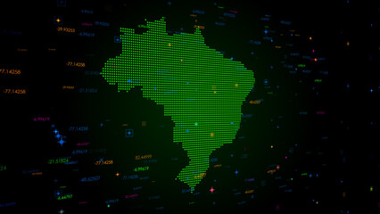 Fototapeta premium Futuristic Green Colorful Shiny Digital Technology Hud Dots Mosaic Grid Brazil Map Perspective View With Numeric Tech Particles Background