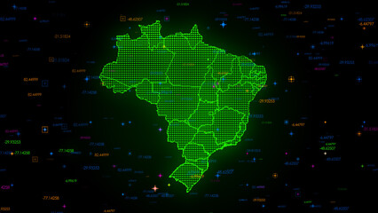 Futuristic Green Colorful Shiny Digital Technology Hud Dots Mosaic Grid Brazil Map Separate Regions Light Scanning With Numeric Tech Particles