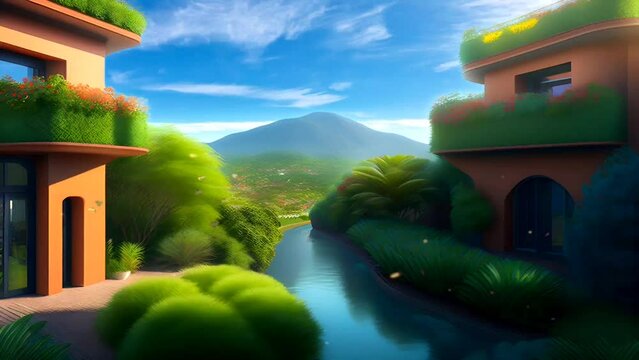 Beautiful Natural Scenery Fantasy Animated Background. Animated Video View of the House in the middle of a river and mountains.