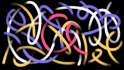Multicolored stripes, strokes, strokes on black background. Abstract sketch doodle illustration with encrypted letter A. Red, pink, white, yellow, blue, green colors. Abstraction. Tape, thread, ribbon