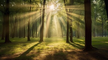 Fototapeta premium Sun beamed through trees in the lawn