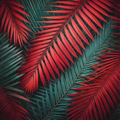 Foto op Aluminium Lively tropical background with a neon light and palm tree leaves. © Olanod