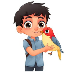Cartoon character of kid holding bird on white background