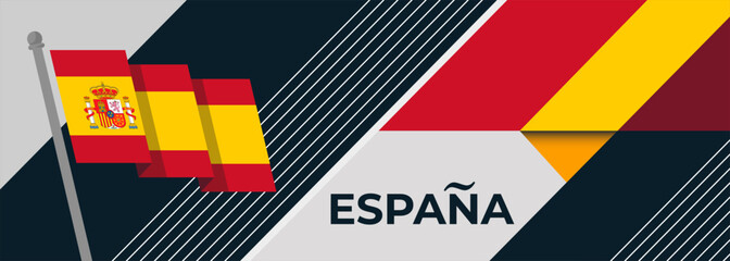 Spain national day banner for España , Espana or Espania with abstract retro modern geometric design. Flag of Spain with red yellow color corporate business theme. Barcelona and Madrid background.