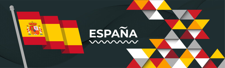 Spain national day banner for España , Espana or Espania with abstract retro modern geometric design. Flag of Spain with red yellow color corporate business theme. Barcelona and Madrid background. - obrazy, fototapety, plakaty