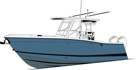Vector, line art and color image of fishing boat on a white background.	