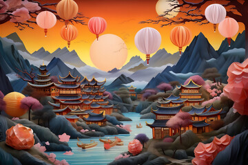 chinese rural landscape illustration with papercut art, created using generative AI tools
