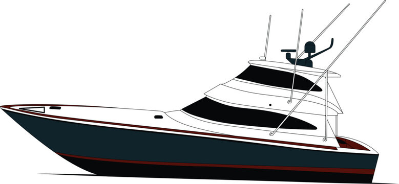 Vector, line art and color image of fishing boat on a white background.	