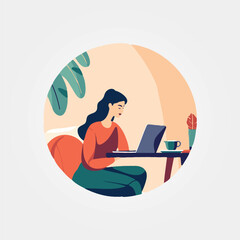 woman sitting working on laptop, vector illustration