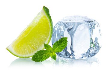 Ice cube. Ice cubes with fresh mint leaves and lime. Frozen water in shape of cube. Ice for lime drink, lemon soda or cocktails. Cold lemonade. Melting natural or real ice on white isolated background