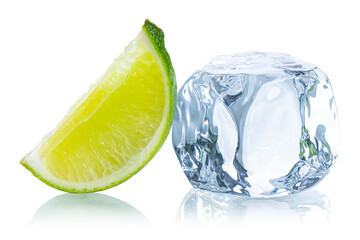 Ice cube. Ice cubes with fresh lime slice. Frozen water in shape of cube. Ice for lime drink, lemon soda or cocktails. Cold lemonade. Melting natural or real ice on white isolated background © artiom.photo
