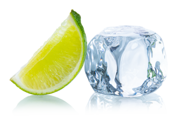 Ice cube. Ice cubes with fresh lime slice. Frozen water in shape of cube. Ice for lime drink, lemon soda or cocktails. Cold lemonade. Melting natural or real ice on white isolated background