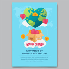 Charity Day September 5th poster design with earth balloon hearth shapes and coin illustration