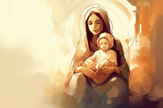 Photo illustration of the Orthodox Mother of God Virgin Mary with the baby biblical picture AI