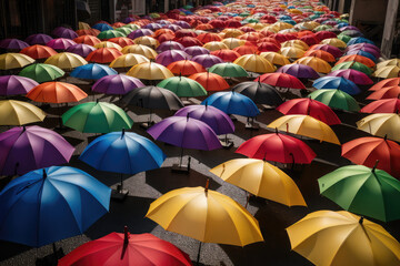 A colorful rainbow of umbrellas on a rainy day