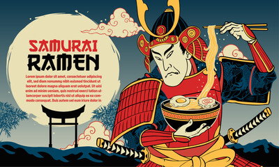 Japanese Painting Background of Samurai Warrior Eats Ramen Noodle