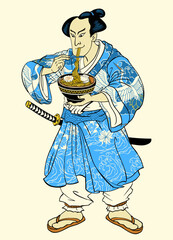 Man Wearing Kimono Eating Ramen Illustration in Edo Style