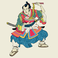 Obraz premium Vintage Hand drawn Edo Period art of Japanese Man eating Ramen