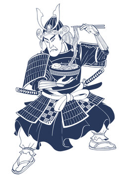 Ukiyo E Style Illustration of Samurai Eating Ramen Isolated Vector Illustration