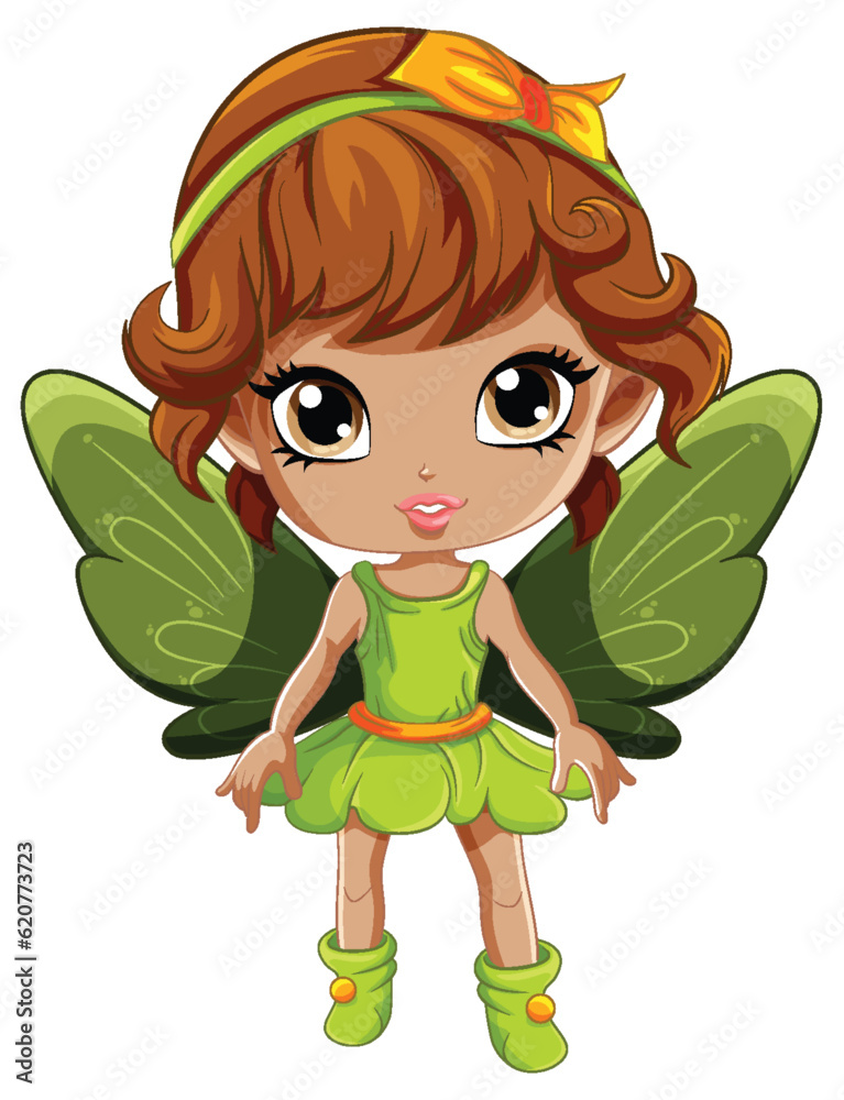 Sticker Fairy Girl with Wings Cartoon Character in a Green Dress