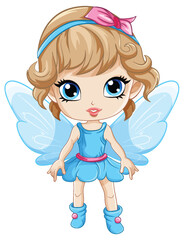 Fairy Girl with Wings Cartoon Character in a Blue Dress